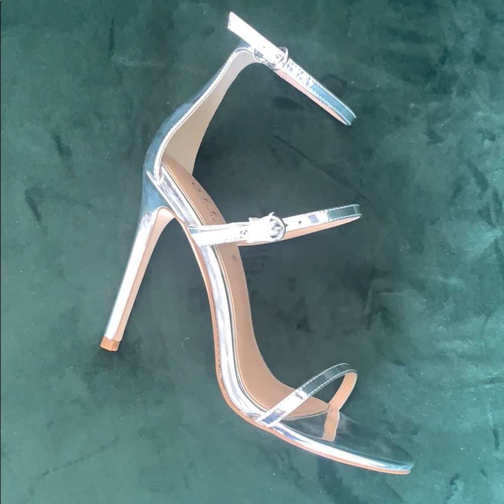 Metallic silver strappy heels
